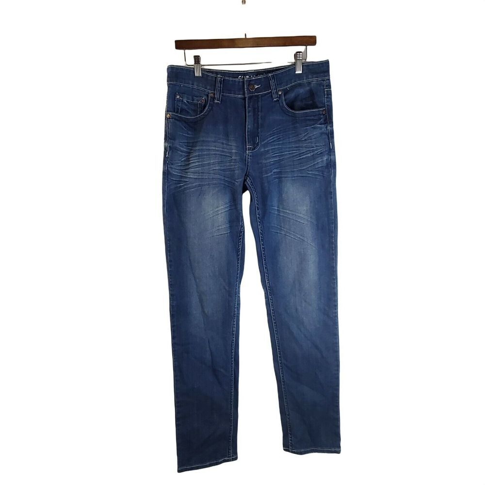 Flypaper Jeans Mens 32x34 Skinny Blue Denim Distressed Whiskered Stretch